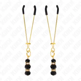 KINK - GOLD THIN NIPPLE CLAMPS WITH 3 BLACK GLASS BEADS 7 CM